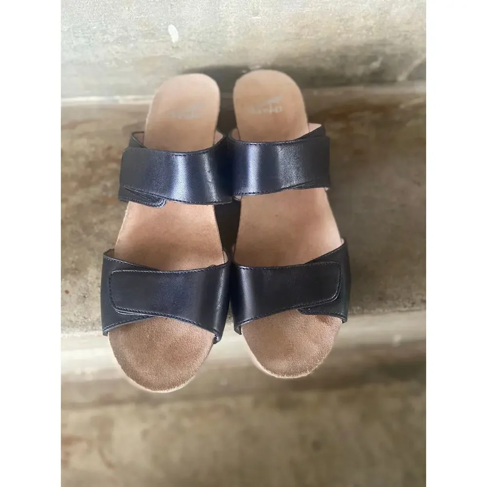 Dansko Shannon black leather adjustable two strap low wedge sandals-size 40